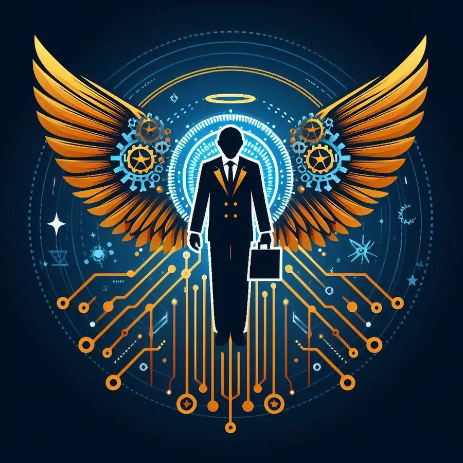 Ilustración de la marca ANGELNET: alas doradas y circuitos sobre fondo azul profundo