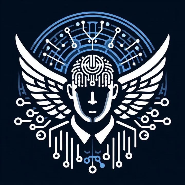 Emblema de ANGELNET: alas y circuitos que representan telecomunicaciones e inteligencia artificial